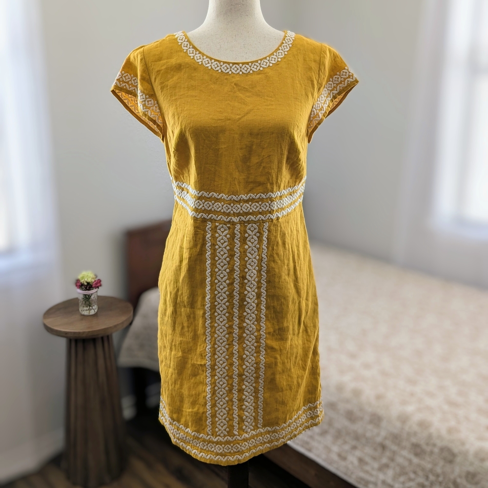 Boden Yellow Laura Linen Shift Dress Short Sleeve Summery Size 6 - Picture 4 of 13